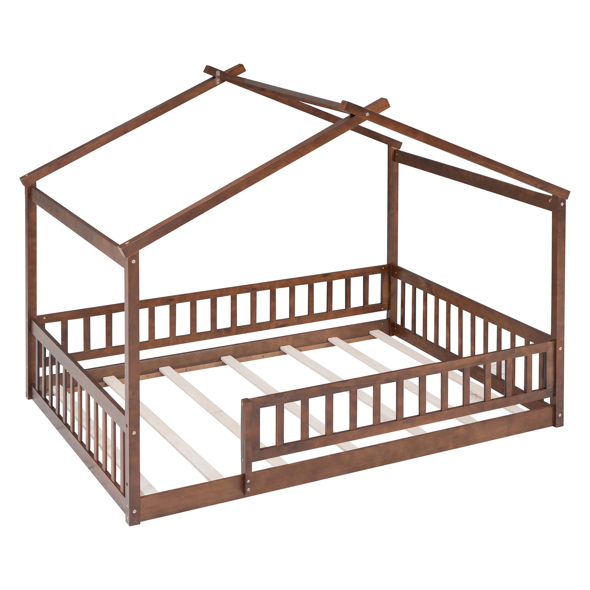Left. Whisen - Wood House Bed Frame with Fence for Kids and Teens - Walnut.