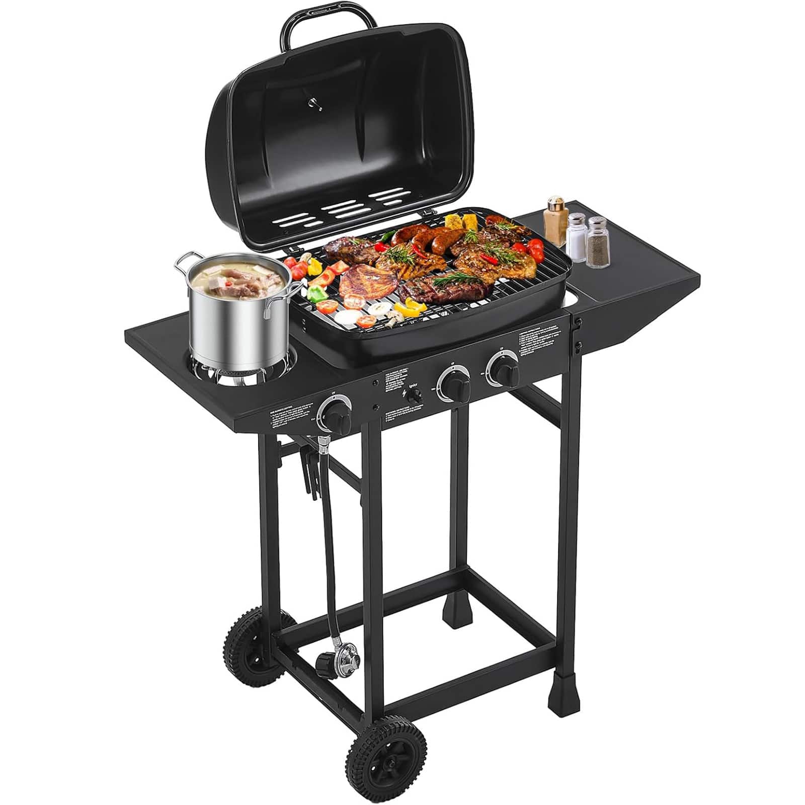 Chateau Abodes - 2-Burner Propane Gas Grill with Side Burner, 24000 BTU, Stainless Steel for Outdoor Cooking, Patio, Backyard - Black