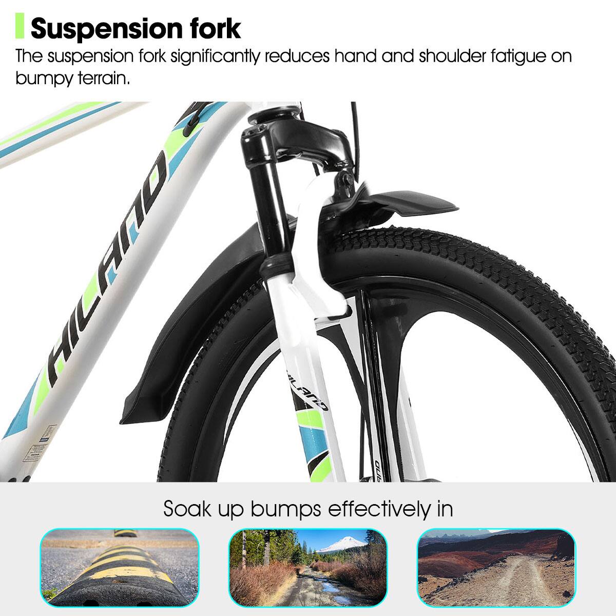 Suspension fork

The suspension fork significantly reduces hand and shoulder fatigue on bumpy terrain.

Soak up bumps effectively in