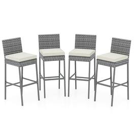 Gymax - 4 PCS Patio Wicker Barstools Bar Height Chairs W/ Cushions Backyard Off White - Gray