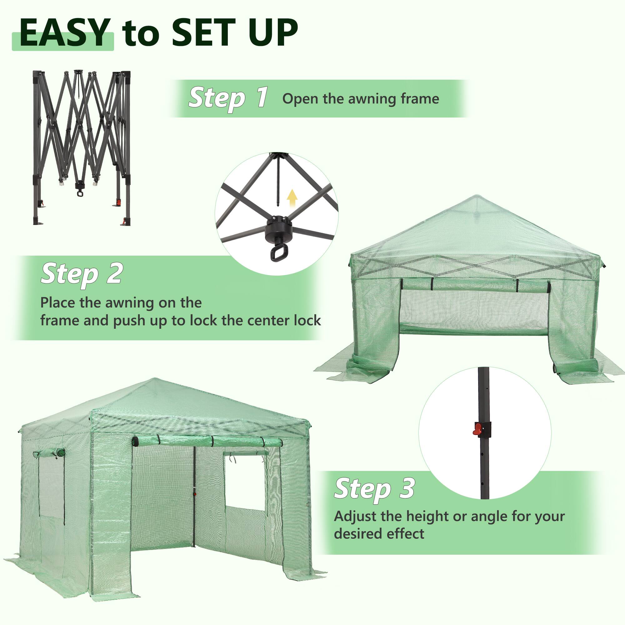EASY to SET UP

Step 1  
Open the awning frame

Step 2  
Place the awning on the frame and push up to lock the center lock

Step 3  
Adjust the height or angle for your desired effect