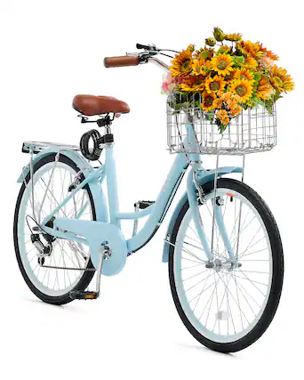 Front. VEVOR - Cruiser Bike, 7-Speed, 24-Inch Light Blue Beach Cruiser Bike with Large Capacity Basket and Rear Rack - Blue.