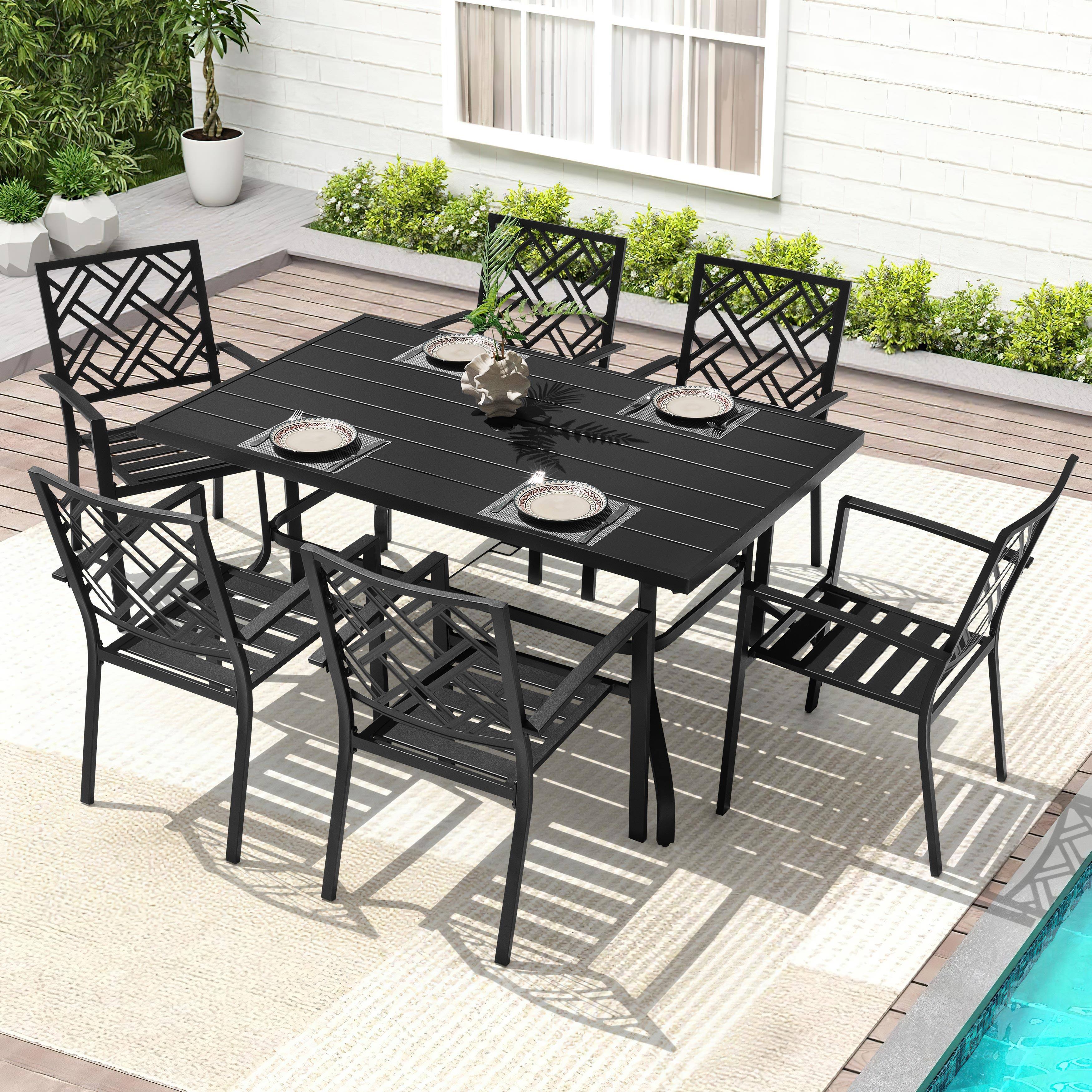 Left. Nuu Garden - 7-Piece Metal Patio Dining Set with Umbrella Hole and Stackable Chairs - Black.