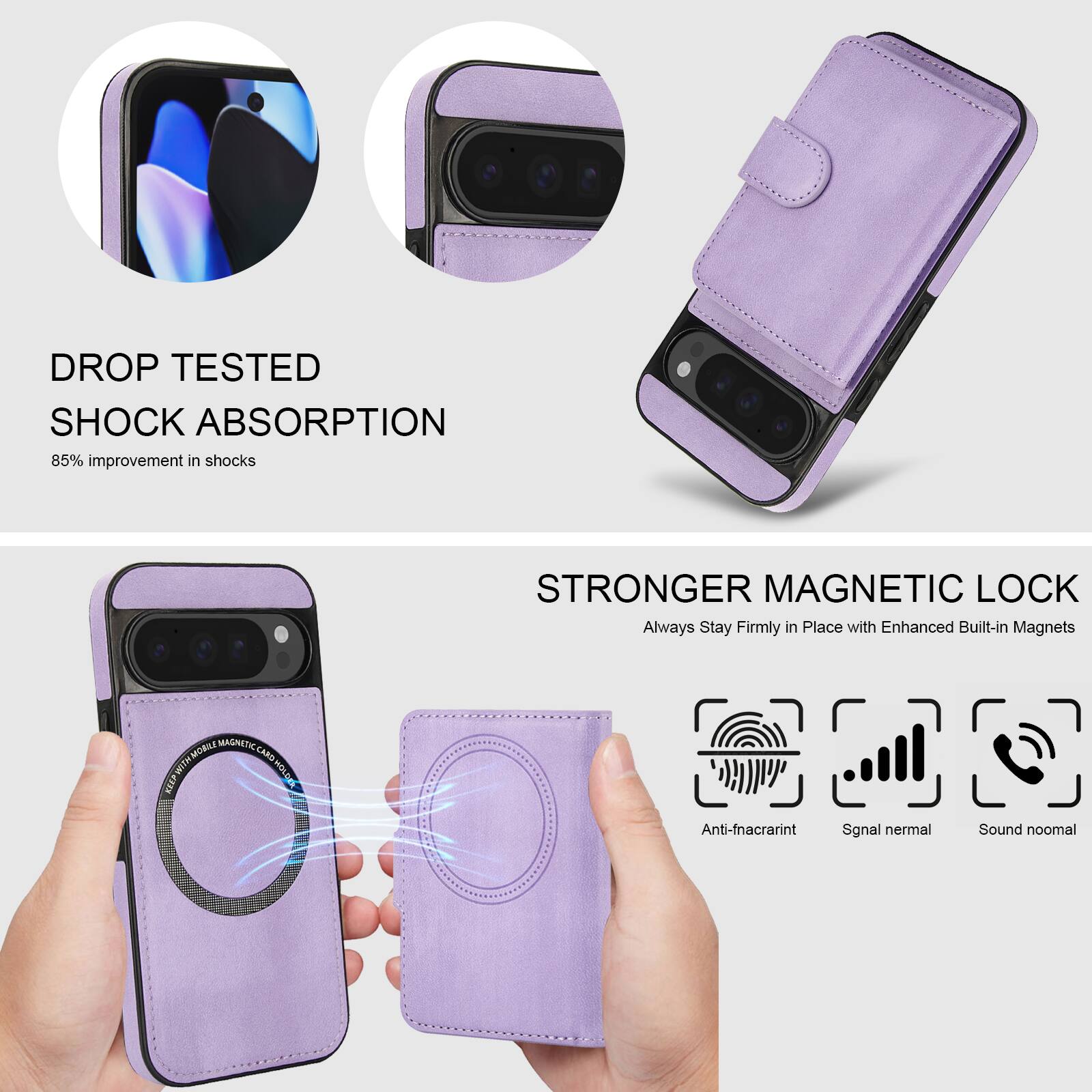 DROP TESTED SHOCK ABSORPTION  
85% improvement in shocks  

STRONGER MAGNETIC LOCK  
Always Stay Firmly in Place with Enhanced Built-in Magnets  

Anti-fingerprint  
Signal normal  
Sound normal