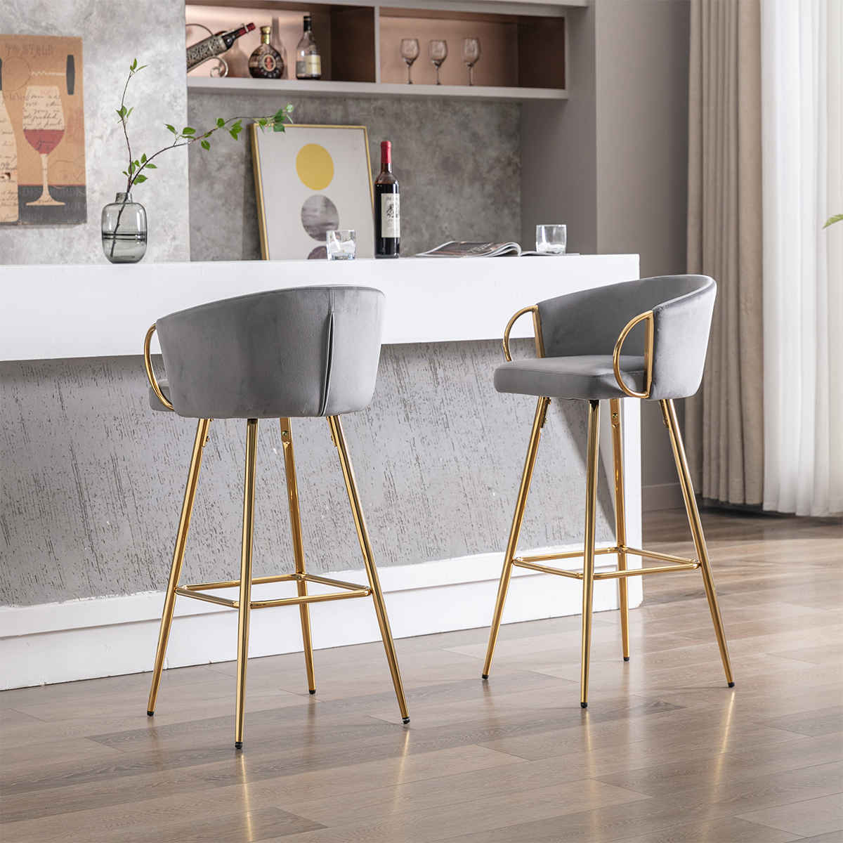 Angle. Trinkets Crazed - 26" Velvet Counter Stools Set Of 2, Luxury Bar Chair With Low Back and Gold Legs For Kitchen Island - Gray.