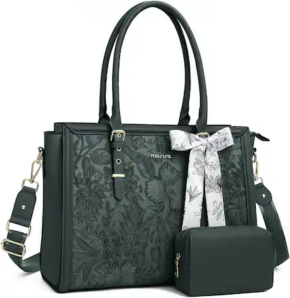 Front. mosiso - Laptop Bag for Women 17-17.3 inch PU Leather Tote Bag Work Briefcase Computer Bags - Emerald Green.