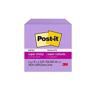 Post-it Notes  
Feuilles super collants  

Super Sticky  
Super Collants  

1. STICKING POWER  
2. ADHÉRENCE  

5 EA/CH. TOTAL/CONT. 450  

3 IN/PO x 3 IN/PO (76 mm x 76 mm)  

3M