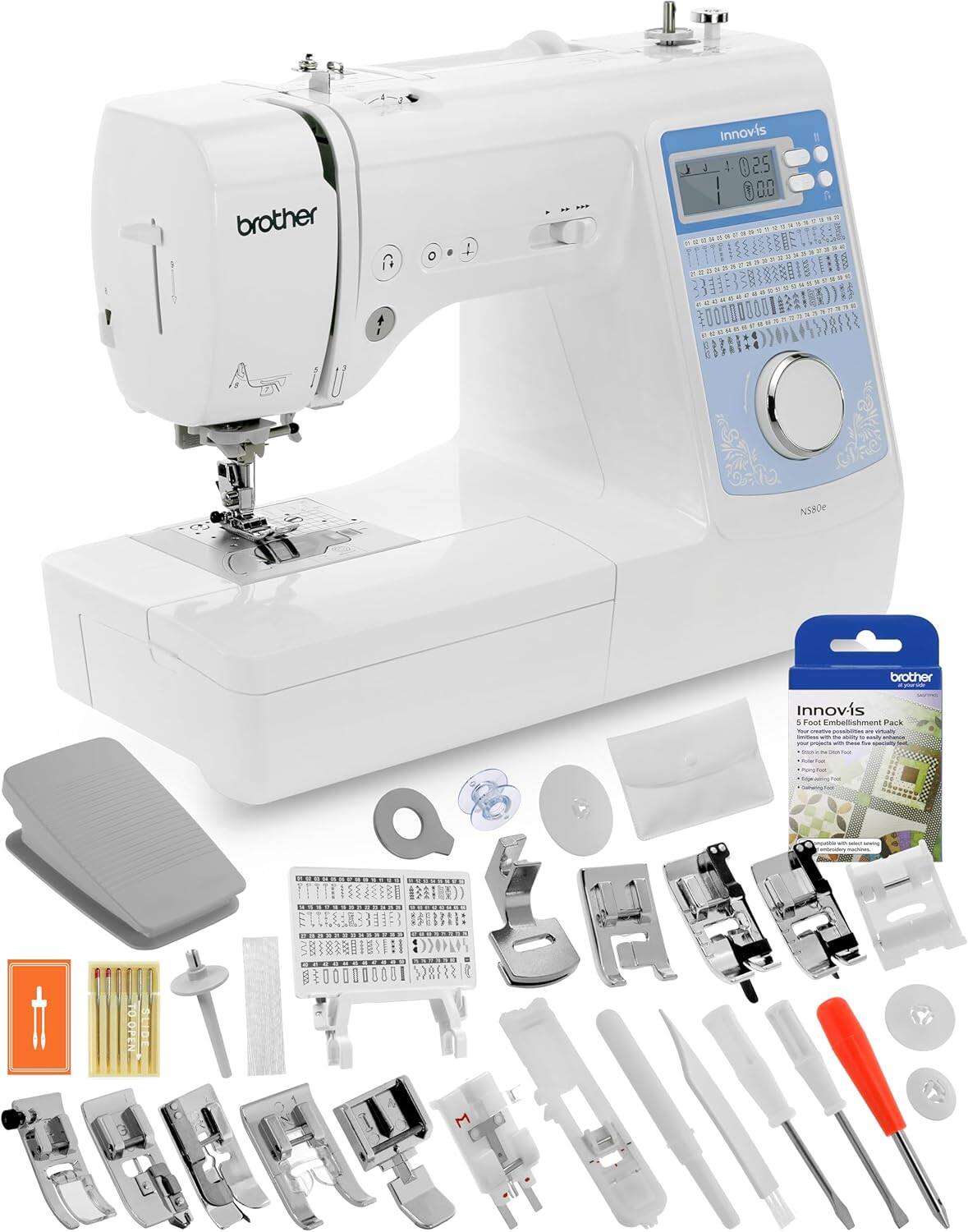 Innov-is NS80E Sewing Machine w/ Brother 5 Sewing Foot Embellishment Pack + Ready, Set, Sew Instructional Video - White