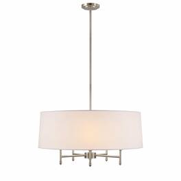 RYHNUYNE - 5-Light Drum Pendant Light, Farmhouse Chandelier with White Linen Shade for Dining Room Kitchen Island - Silver