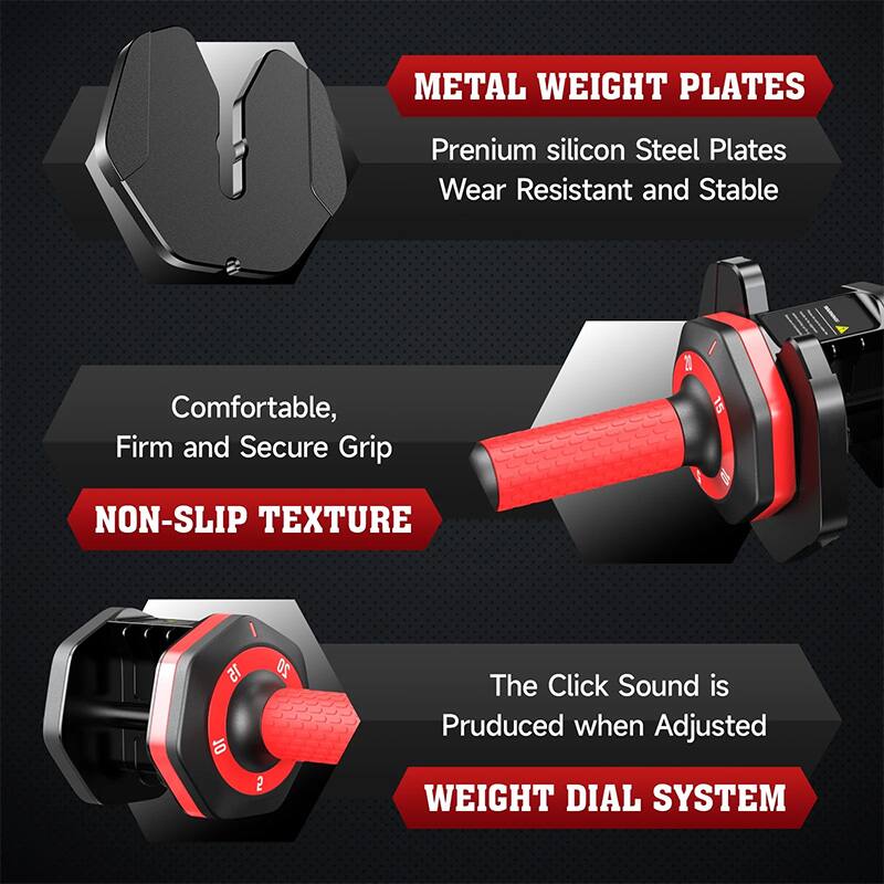 METAL WEIGHT PLATES  
Premium silicon Steel Plates  
Wear Resistant and Stable  

Comfortable, Firm and Secure Grip  
NON-SLIP TEXTURE  

The Click Sound is Produced when Adjusted  
WEIGHT DIAL SYSTEM