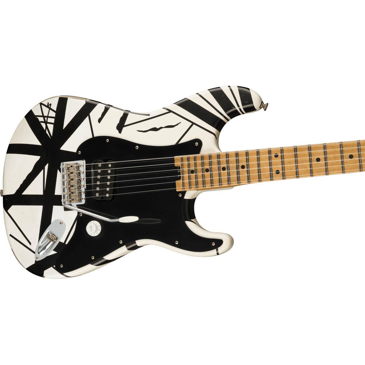Alt View 3. EVH - EVH Striped Series '78 Eruption Electric Guitar, White with Black Stripes Relic.
