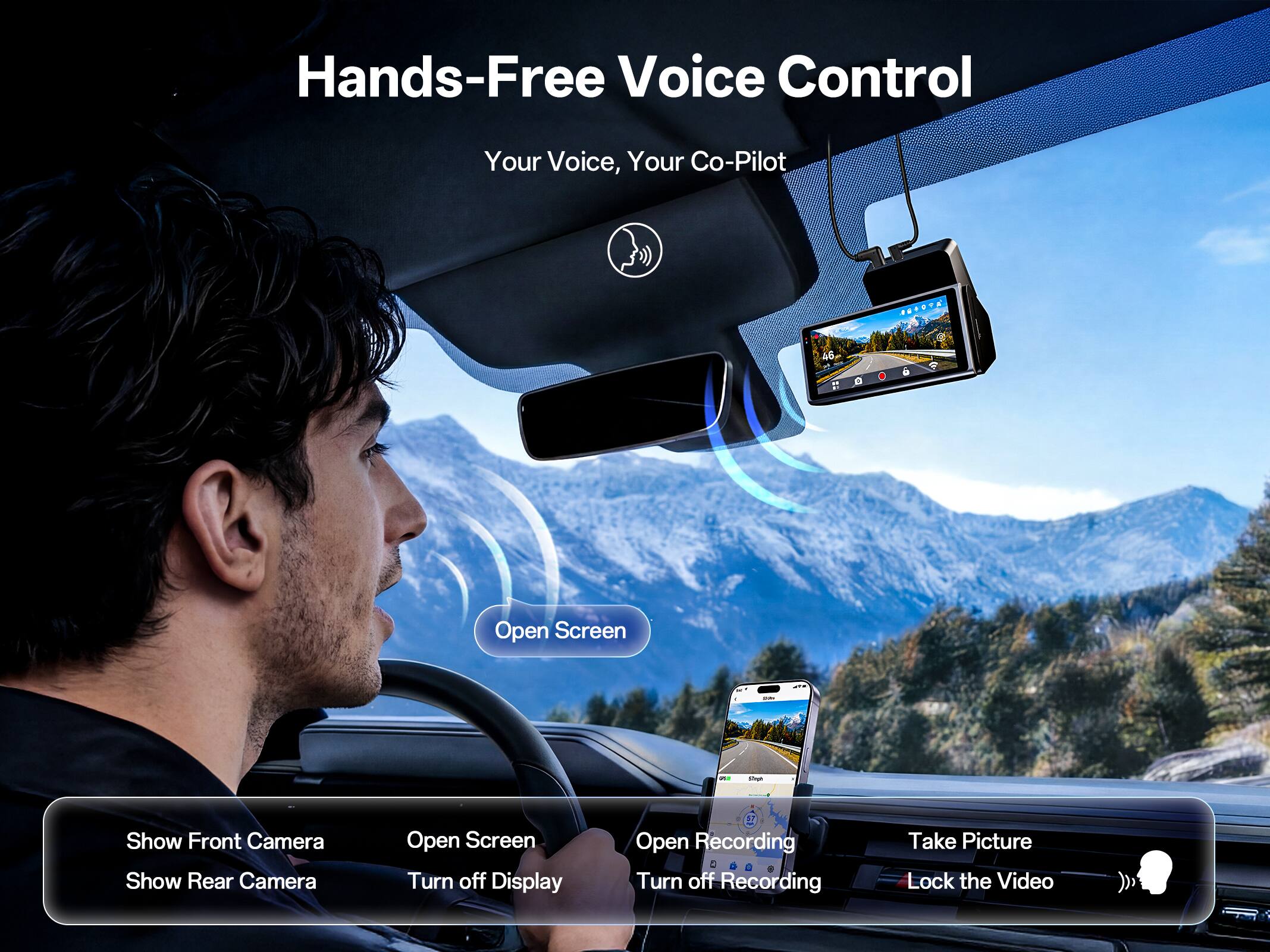 Hands-Free Voice Control  
Your Voice, Your Co-Pilot  

- Open Screen  
- Show Front Camera  
- Show Rear Camera  
- Turn off Display  
- Open Recording  
- Turn off Recording  
- Take Picture  
- Lock the Video