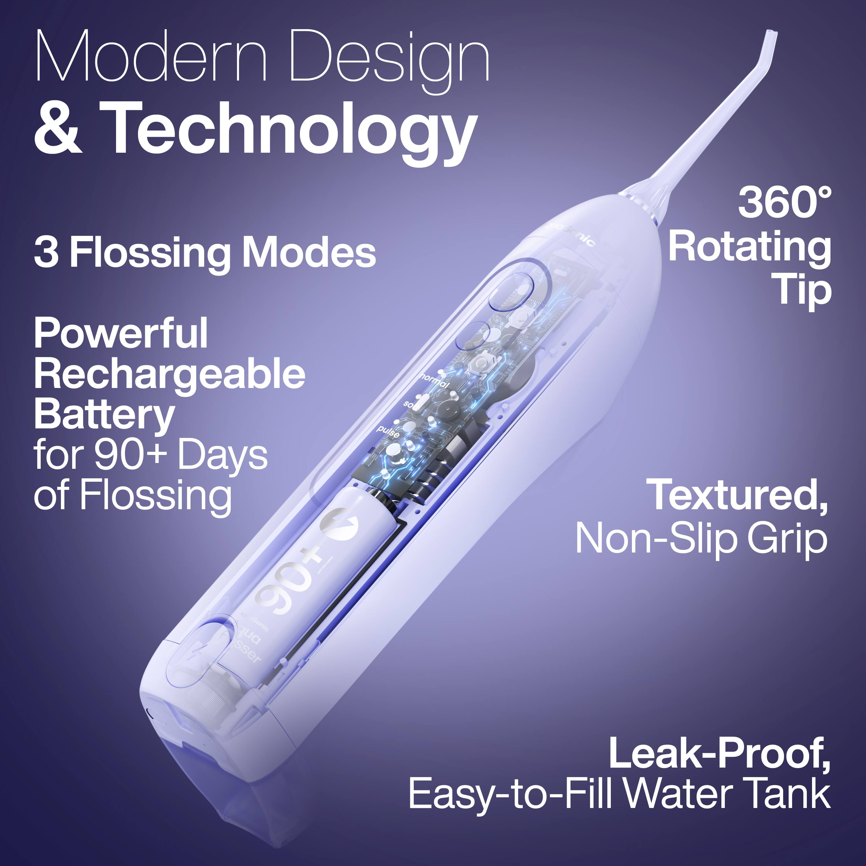 Modern Design & Technology

3 Flossing Modes

Powerful Rechargeable Battery for 90+ Days of Flossing

360° Rotating Tip

Textured, Non-Slip Grip

Leak-Proof, Easy-to-Fill Water Tank