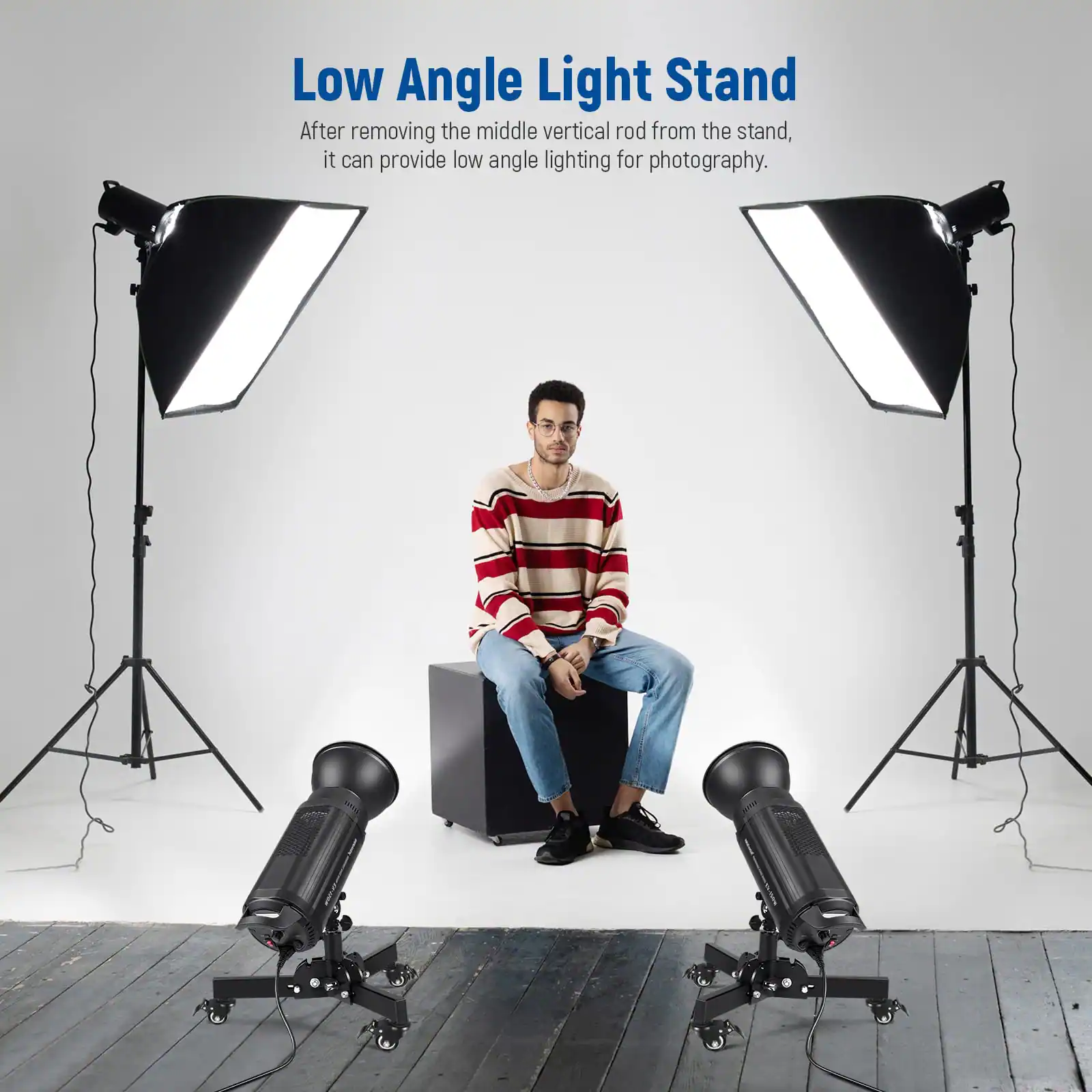 Low Angle Light Stand  
After removing the middle vertical rod from the stand, it can provide low angle lighting for photography.