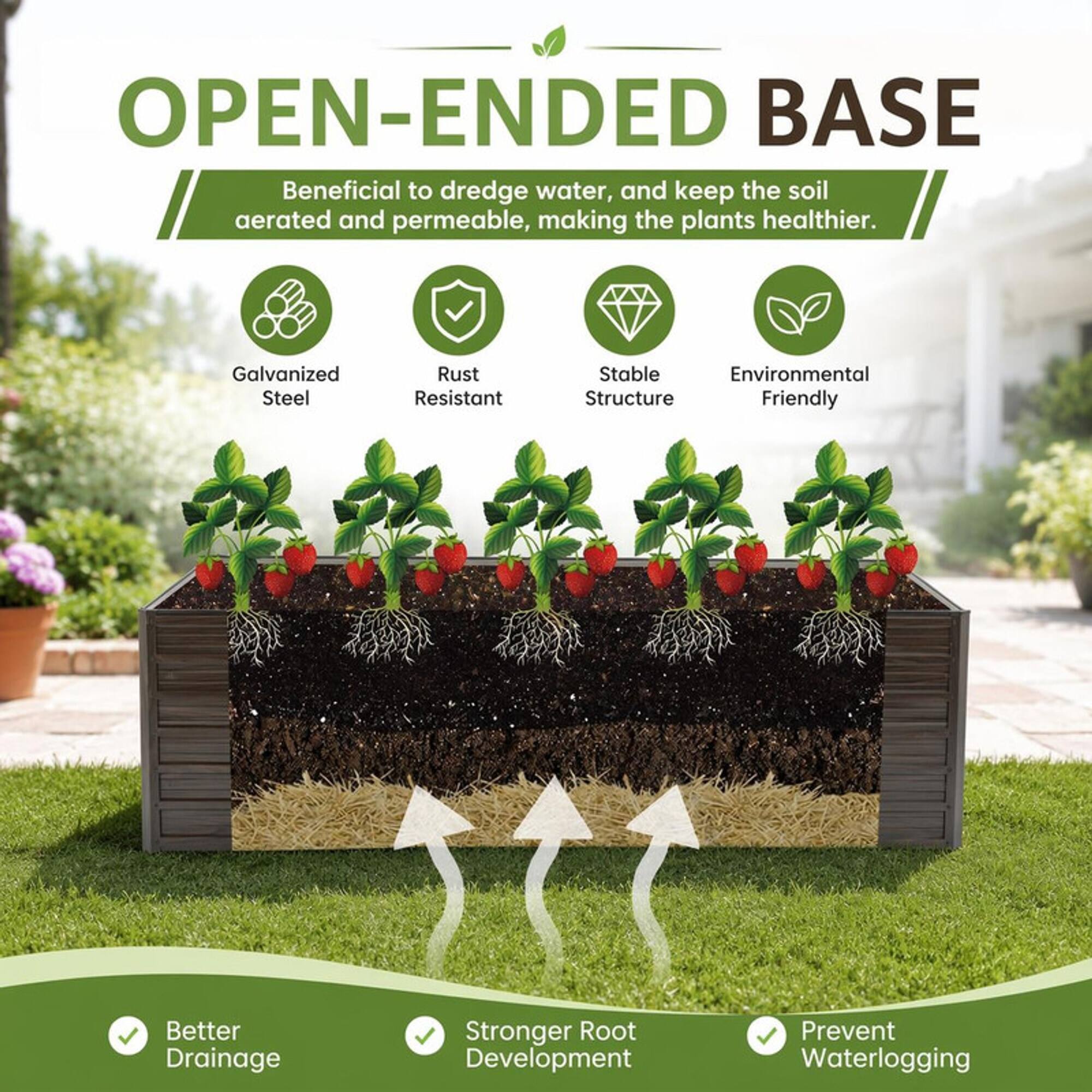 OPEN-ENDED BASE  
Beneficial to dredge water, and keep the soil aerated and permeable, making the plants healthier.

- Galvanized Steel
- Rust Resistant
- Stable Structure
- Environmental Friendly

- Better Drainage
- Stronger Root Development
- Prevent Waterlogging