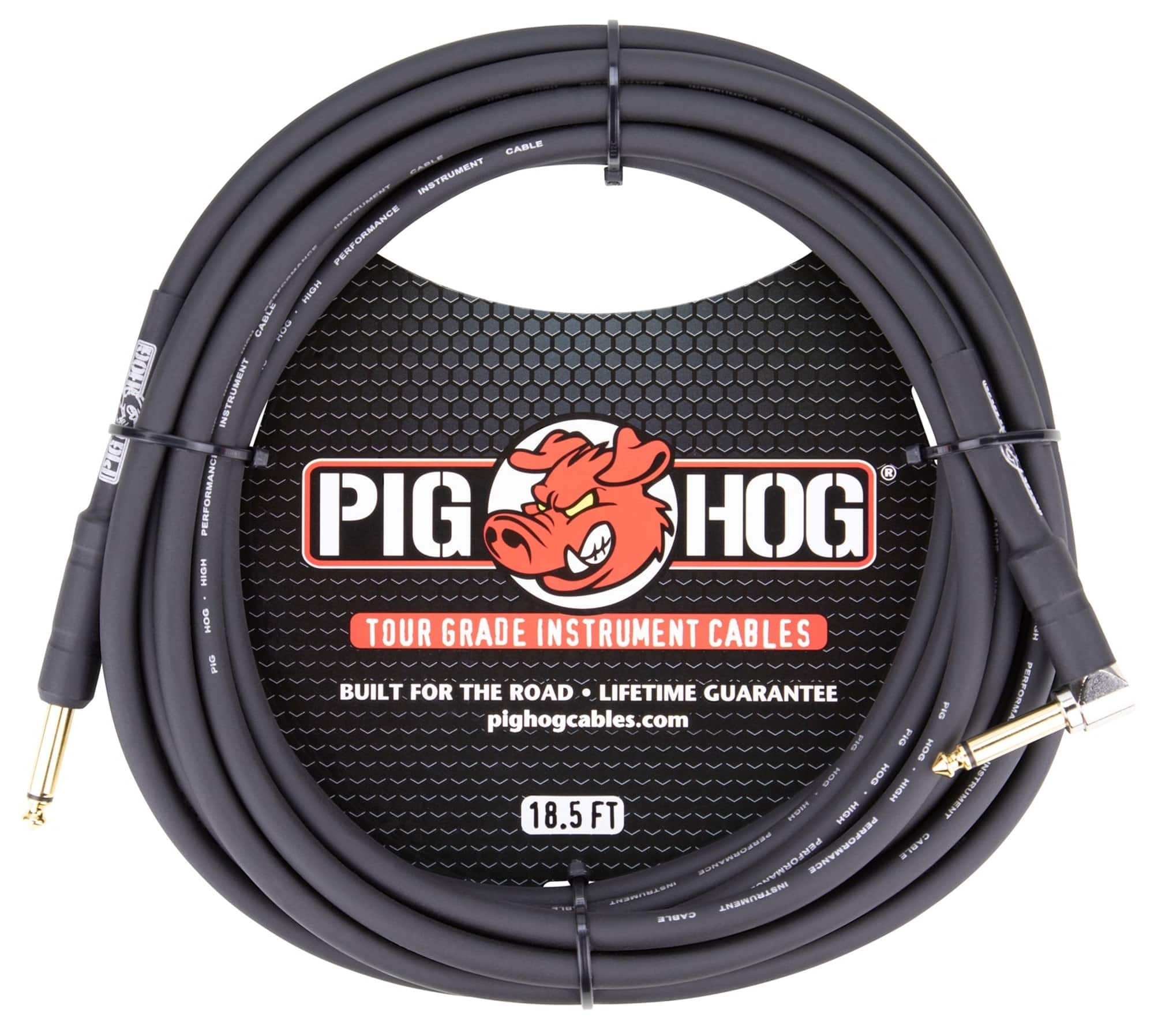 Pig Hog - Tour Grade 18.5ft 1/4" - 1/4" 8mm Instrument Cable Straight to Right Angle Connectors - Black