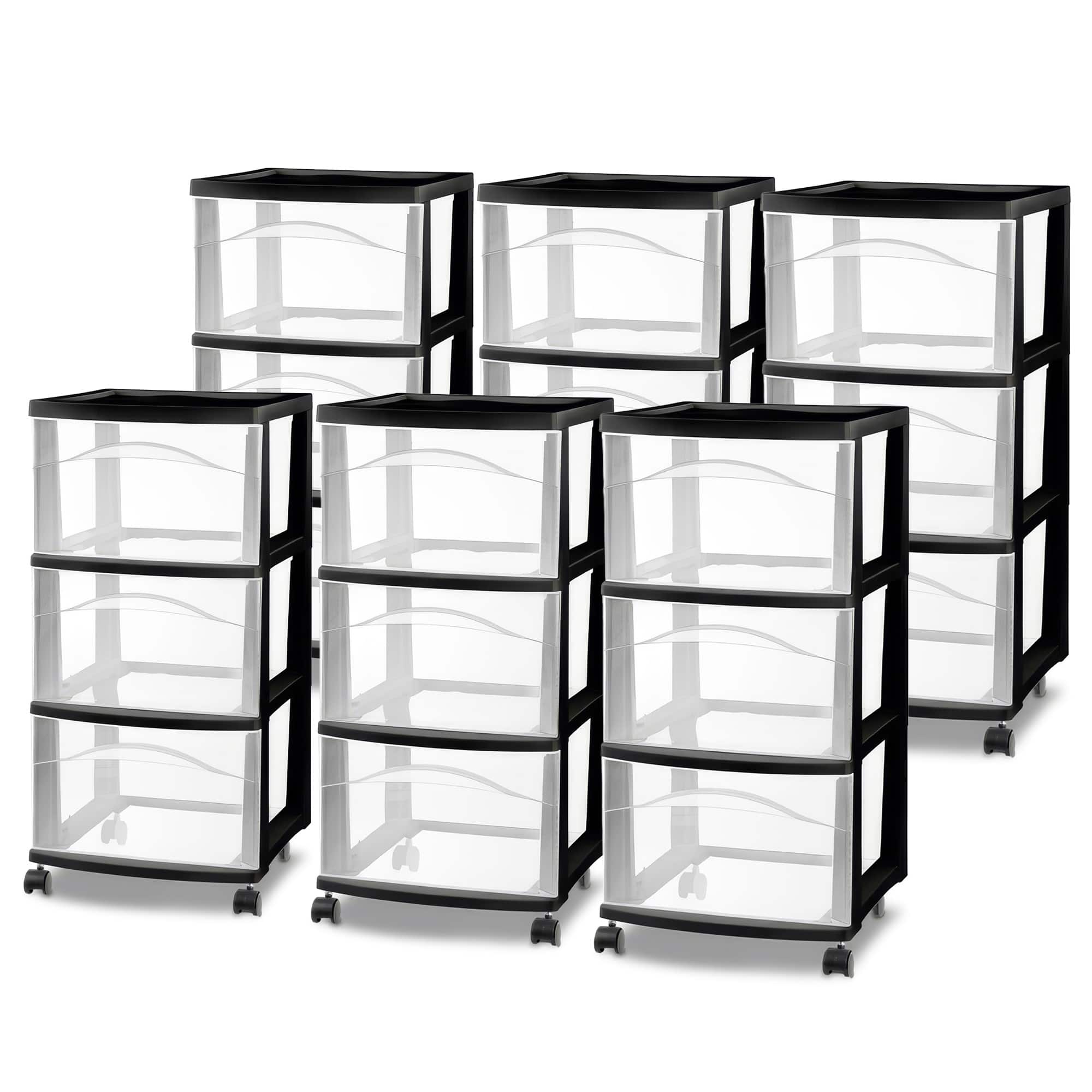 Sterilite - 3 Drawer Storage Cart, Plastic Rolling Medium Organizer, 6 Pack - Black
