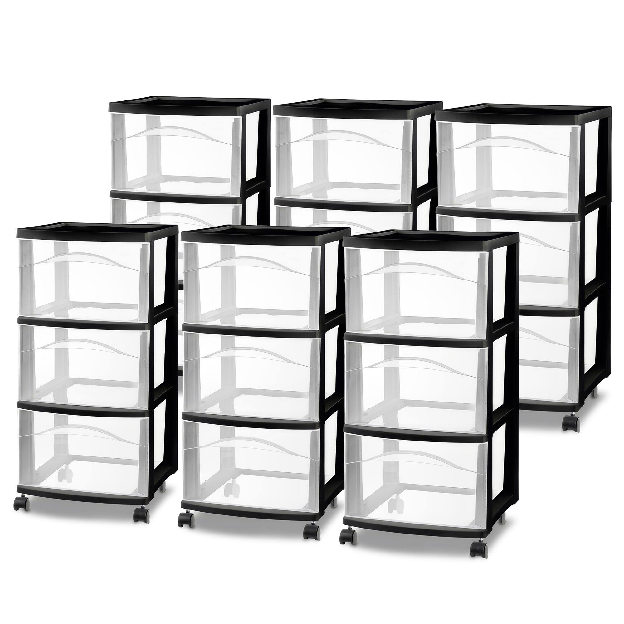 Front. Sterilite - Sterilite 3 Drawer Storage Cart, Plastic Rolling Medium Organizer, Black, 6 Pack - Black.