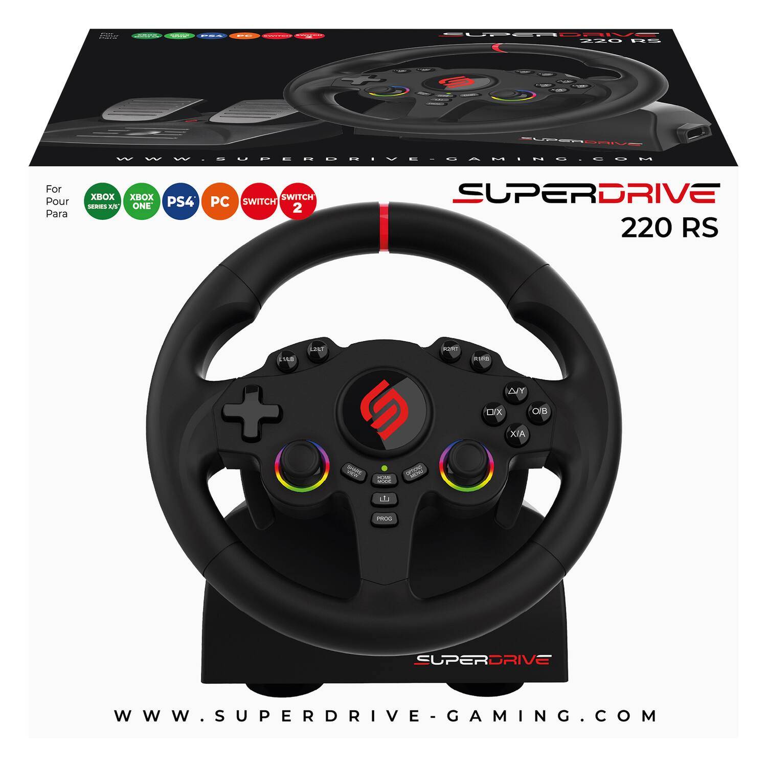 SUPERDRIVE 220 RS  
CUPERORIE - SAIE WWINUPNRDAIVN.QAHIH0I00 - .M  
For Pour Para XBOX XBOX SERIES X ONE PS4 SWITCH PC SWITCH 2  
SUPERDRIVE 220 RS  
WWW.SUPERDRIVE-GAMING.COM