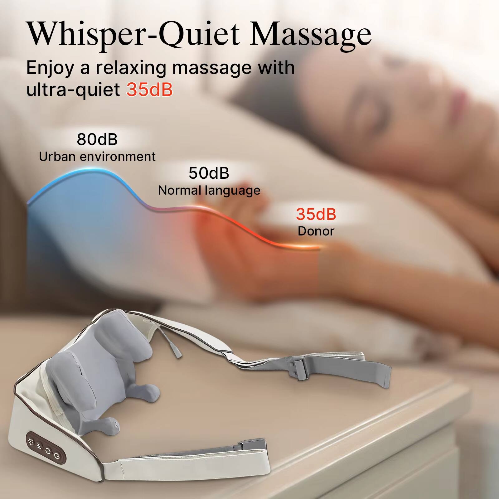 Whisper-Quiet Massage  
Enjoy a relaxing massage with ultra-quiet 35dB

80dB  
Urban environment

50dB  
Normal language

35dB  
Donor