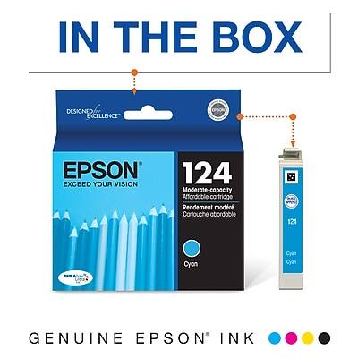 IN THE BOX

DESIGNED FOR EXCELLENCE

EPSON
EXCEED YOUR VISION

124
Moderate-capacity Affordable cartridge
Rendement modéré Cartouche abordable
124

Cyan
Cyan

GENUINE EPSON INK
