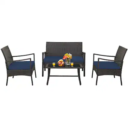 Front. Costway - Costway 4PCS Patio Rattan Wicker Furniture Set Cushioned Sofa Armrest Coffee Table - Navy.