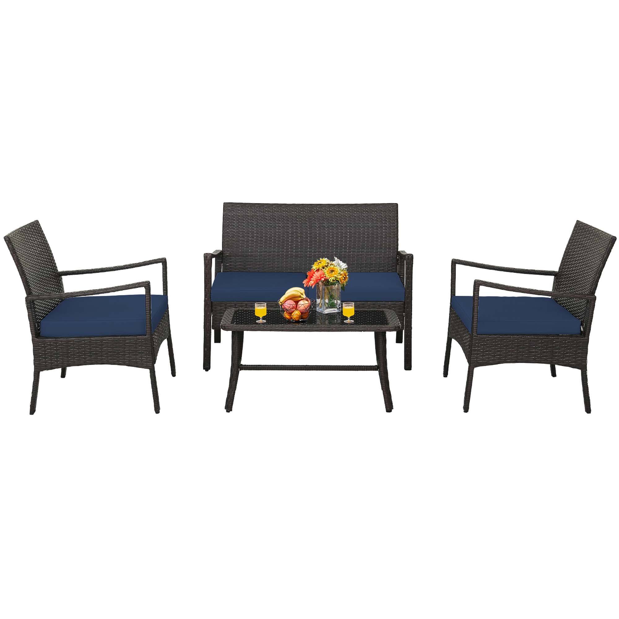 Costway - 4PCS Patio Rattan Wicker Furniture Set Cushioned Sofa Armrest Coffee Table - Navy