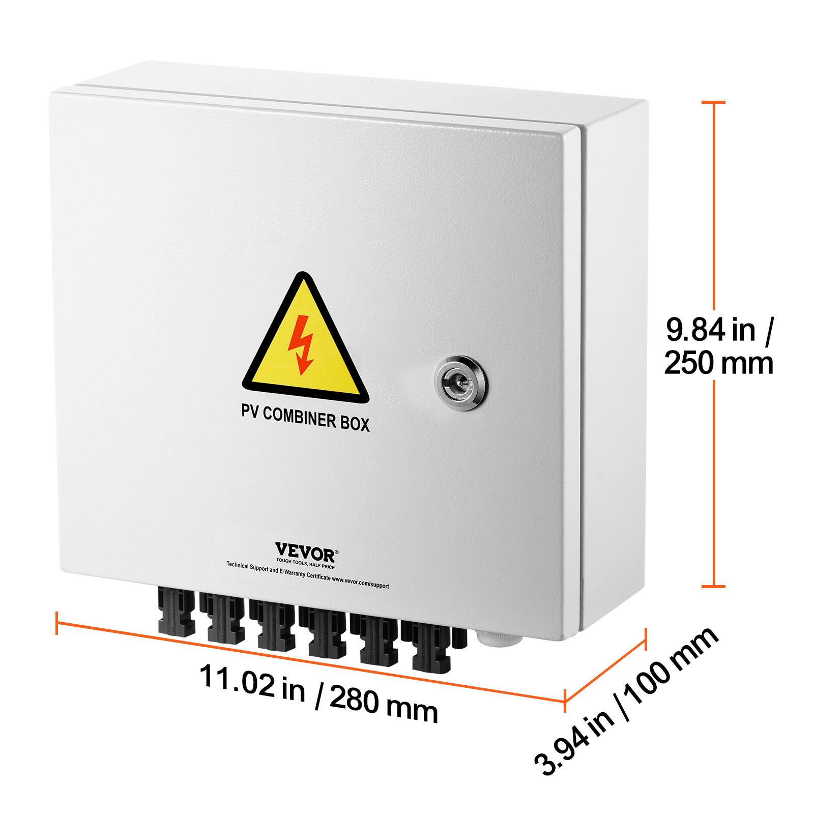 9.84 in / 250 mm PV COMBINER BOX  
VEVOR - Technical Support and E-Warranty Certificate  
www.vevor.com/support  

11.02 in / 280 mm  
3.94 in / 100 mm