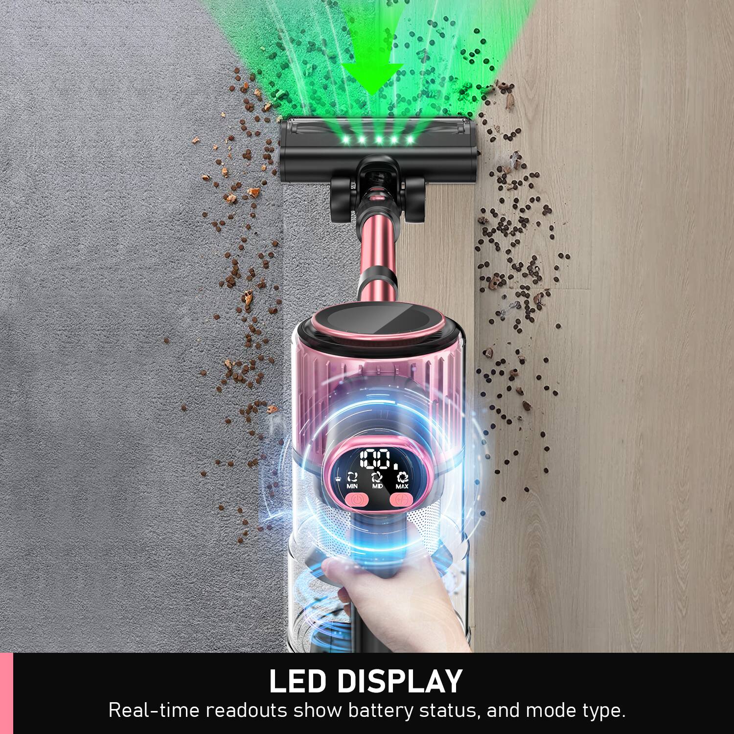 LED DISPLAY  
Real-time readouts show battery status, and mode type.