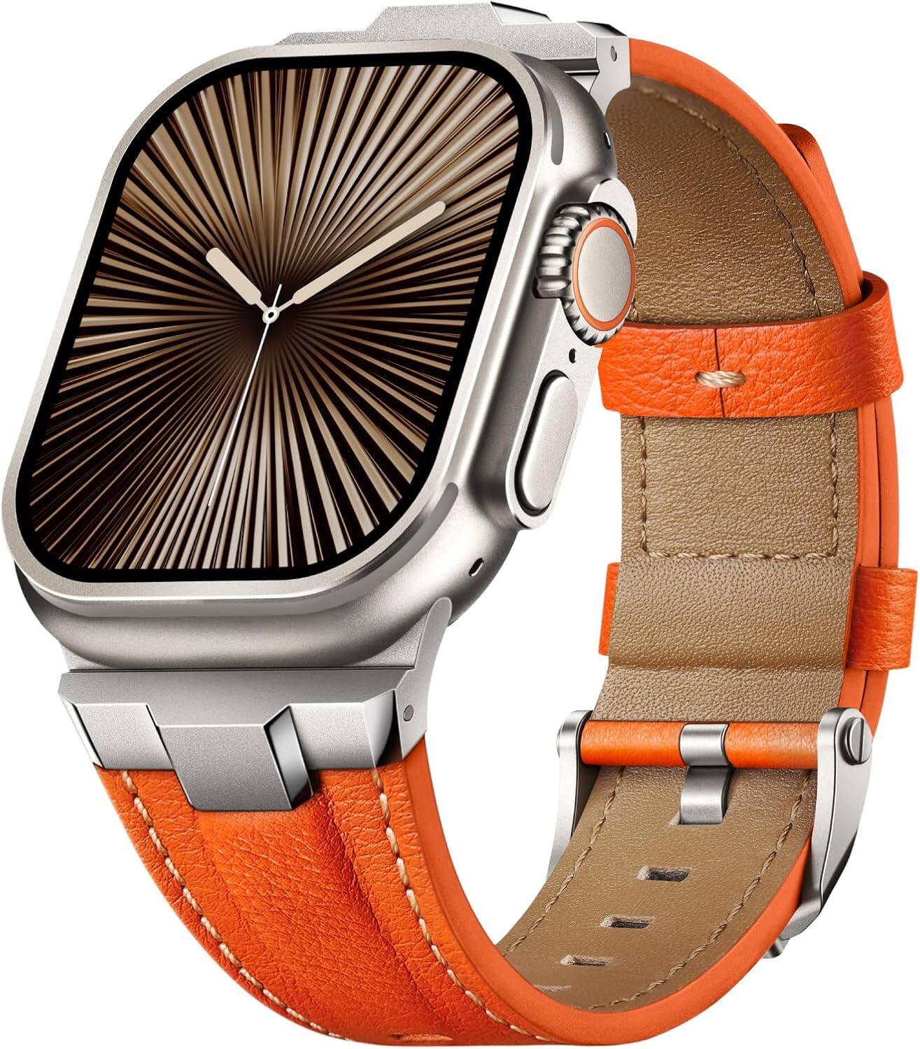 Front. Core Tech - Genuine Leather Band for Apple Watch 49/46/45/44/42mm (Series 3), Adjustable - Titanium/Classic Tangerine.