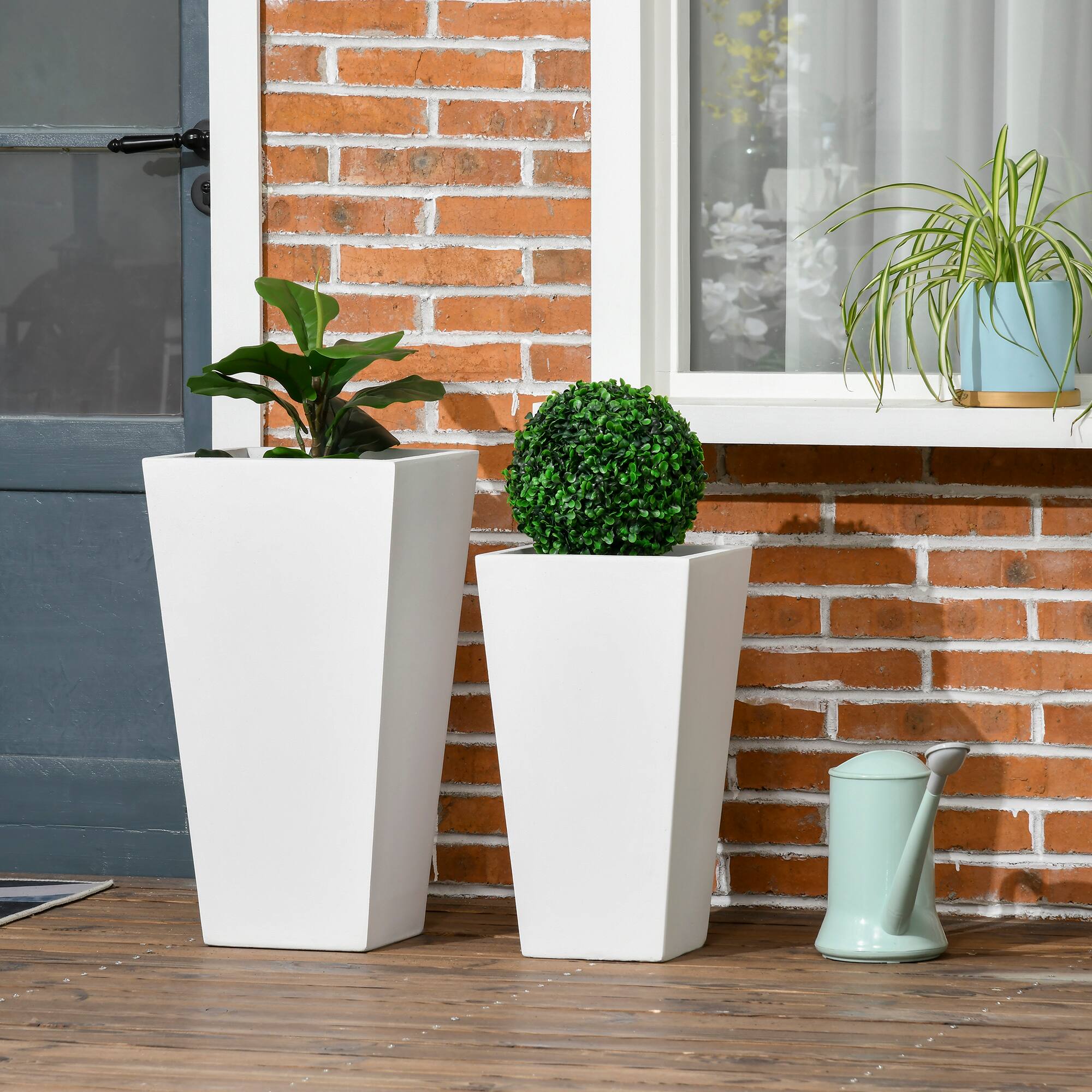 Alt View 1. Outsunny - Outdoor Planter Set, Flower Pots with Drainage Holes, Durable & Stackable Plant Pot - White.