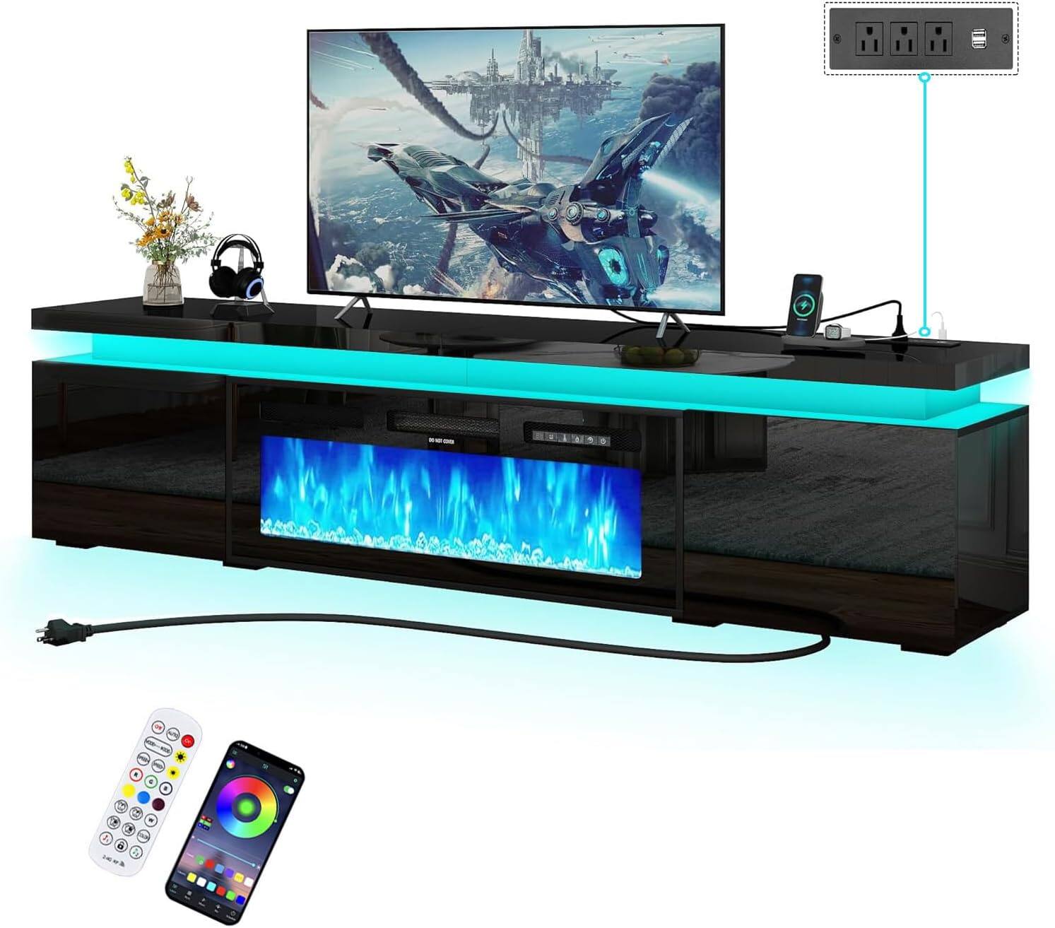 Left. Espafurni - 83inch Modern High Gloss Fireplace TV Stand with Power Outlet Storage for up to 95" TVs - Black.