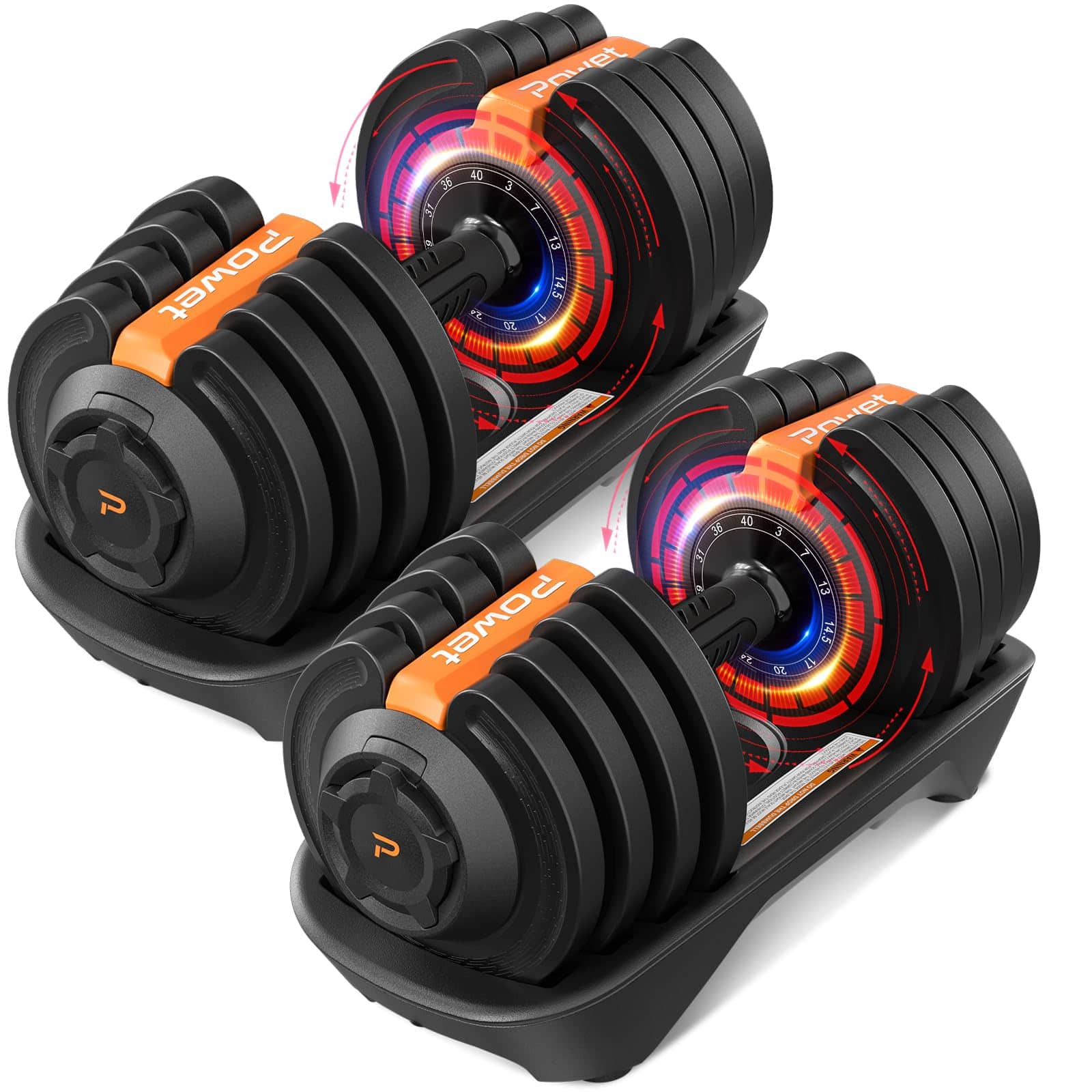 Brick Attic - Adjustable Dumbbell Set, 40LB to 3LB Weight Set, 12 Free Weights for Home Gym with Tray 1-Sec Fast Adjustable - Orange