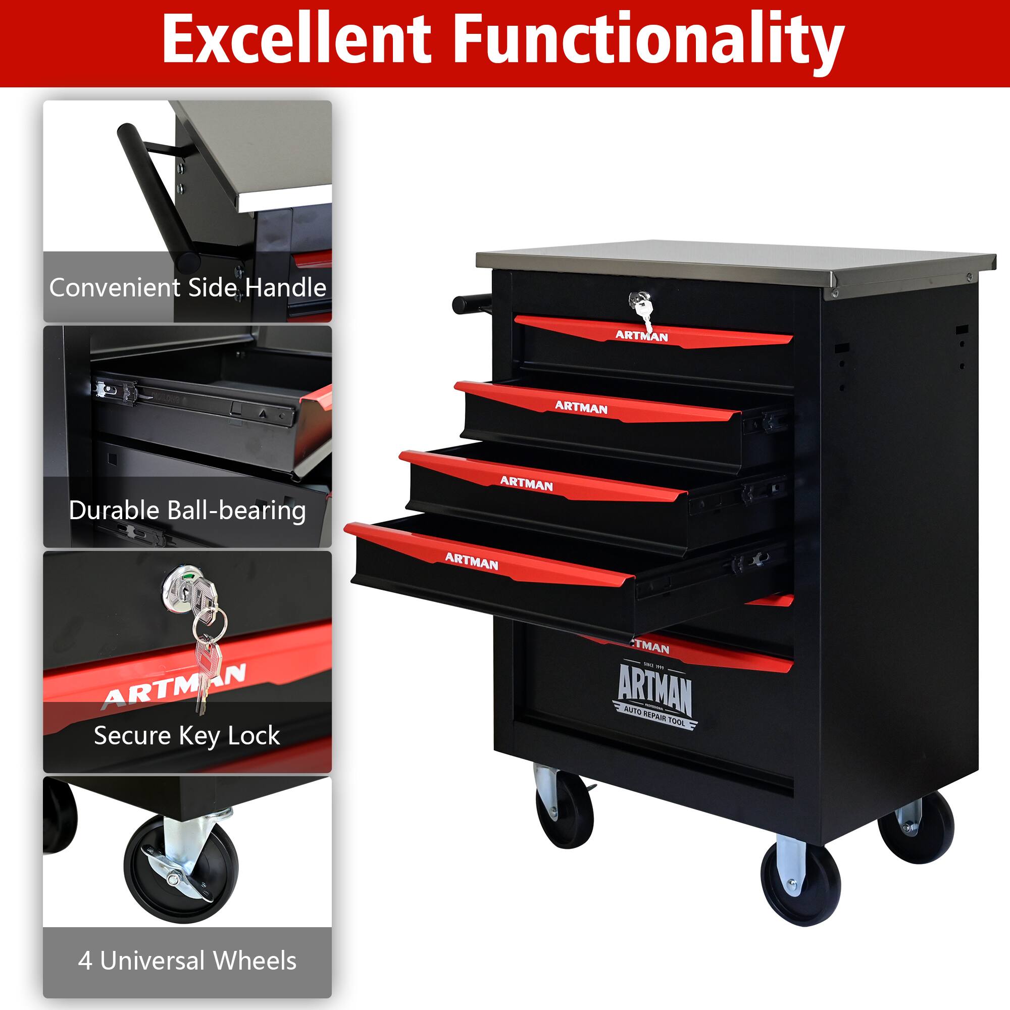 Excellent Functionality

- Convenient Side Handle
- Durable Ball-bearing
- Secure Key Lock
- 4 Universal Wheels