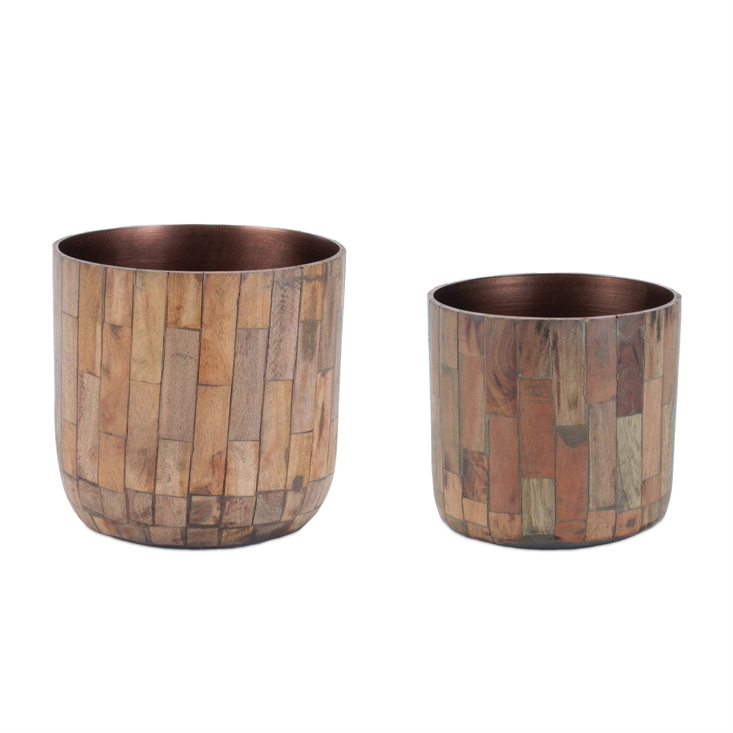 Front. BreeBe - Round Wooden Planter (Set of 2) - Brown.