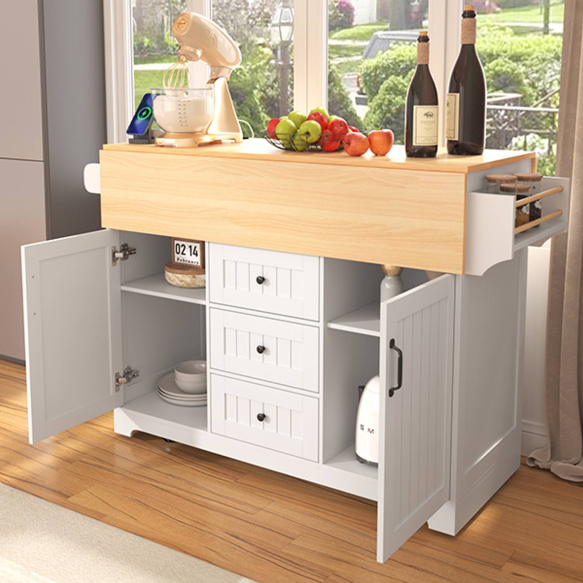 Alt View 6. ELEMENT ACE - Multifunctional Kitchen Island Cart with Drop Leaf Extensions, Power Outlets, and Ample Storage for Modern Kitchens - White.
