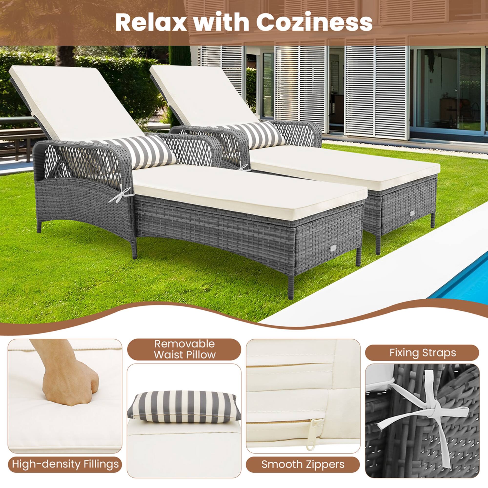 Relax with Coziness

- Removable Waist Pillow
- High-density Fillings
- Smooth Zippers
- Fixing Straps