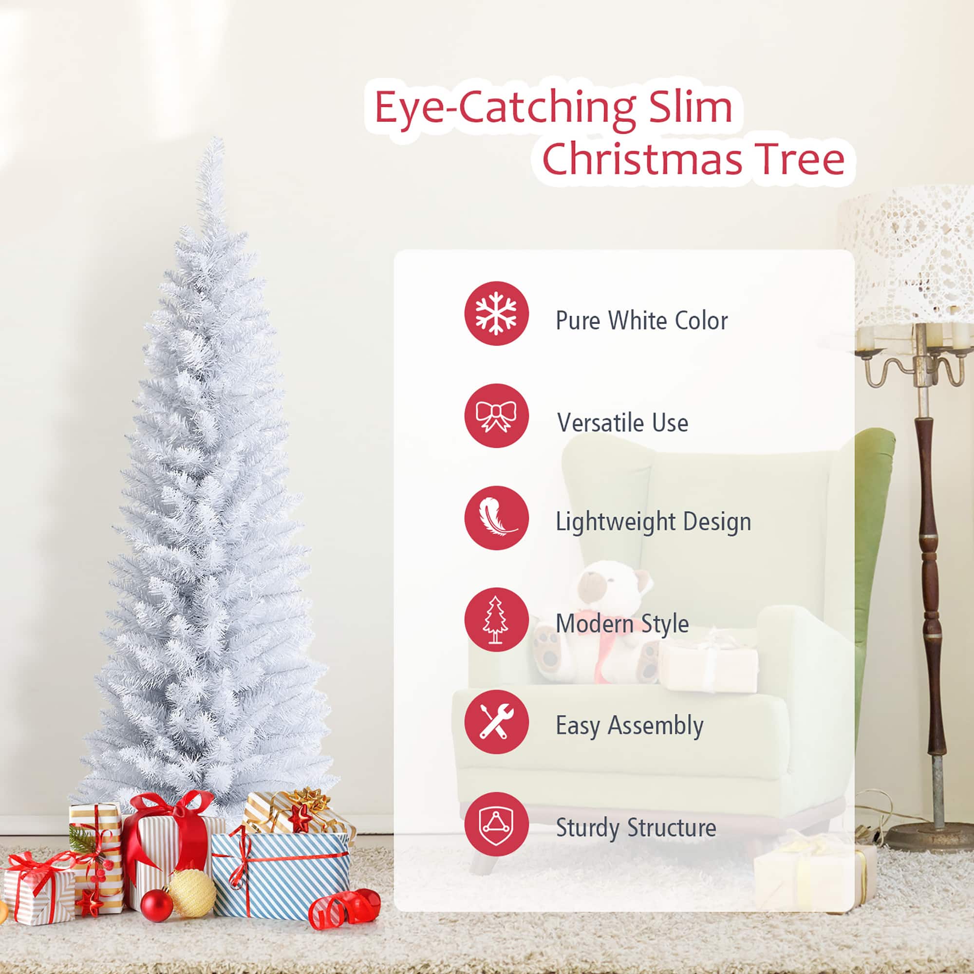 Eye-Catching Slim Christmas Tree: Pure White Color, Versatile Use, Lightweight Design, Modern Style, Easy Assembly, Sturdy Structure.