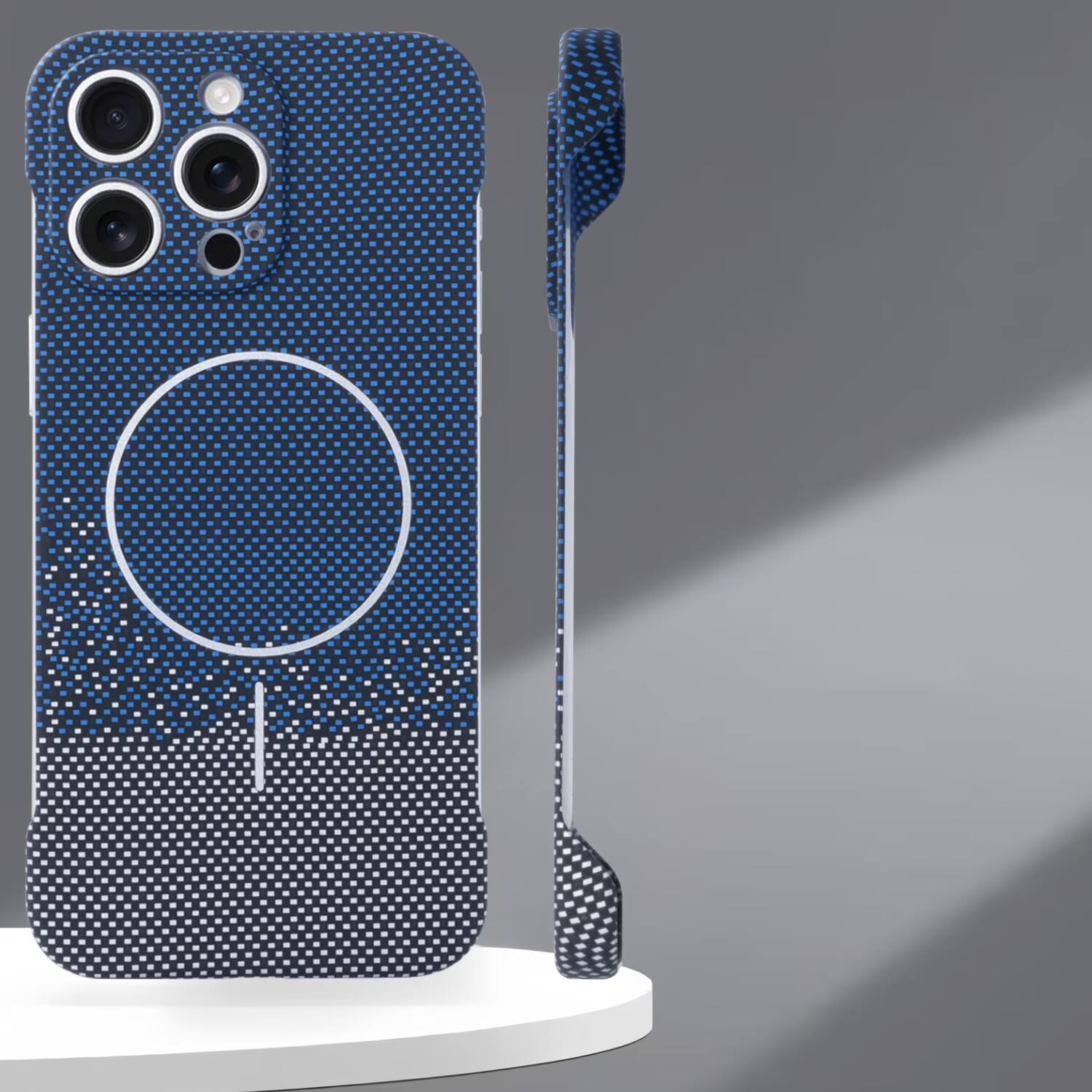 Angle. Stock Preferred - MagSafe Slim Frameless Carbon Fiber Texture Case for iPhone 17 Pro Blue - Blue.