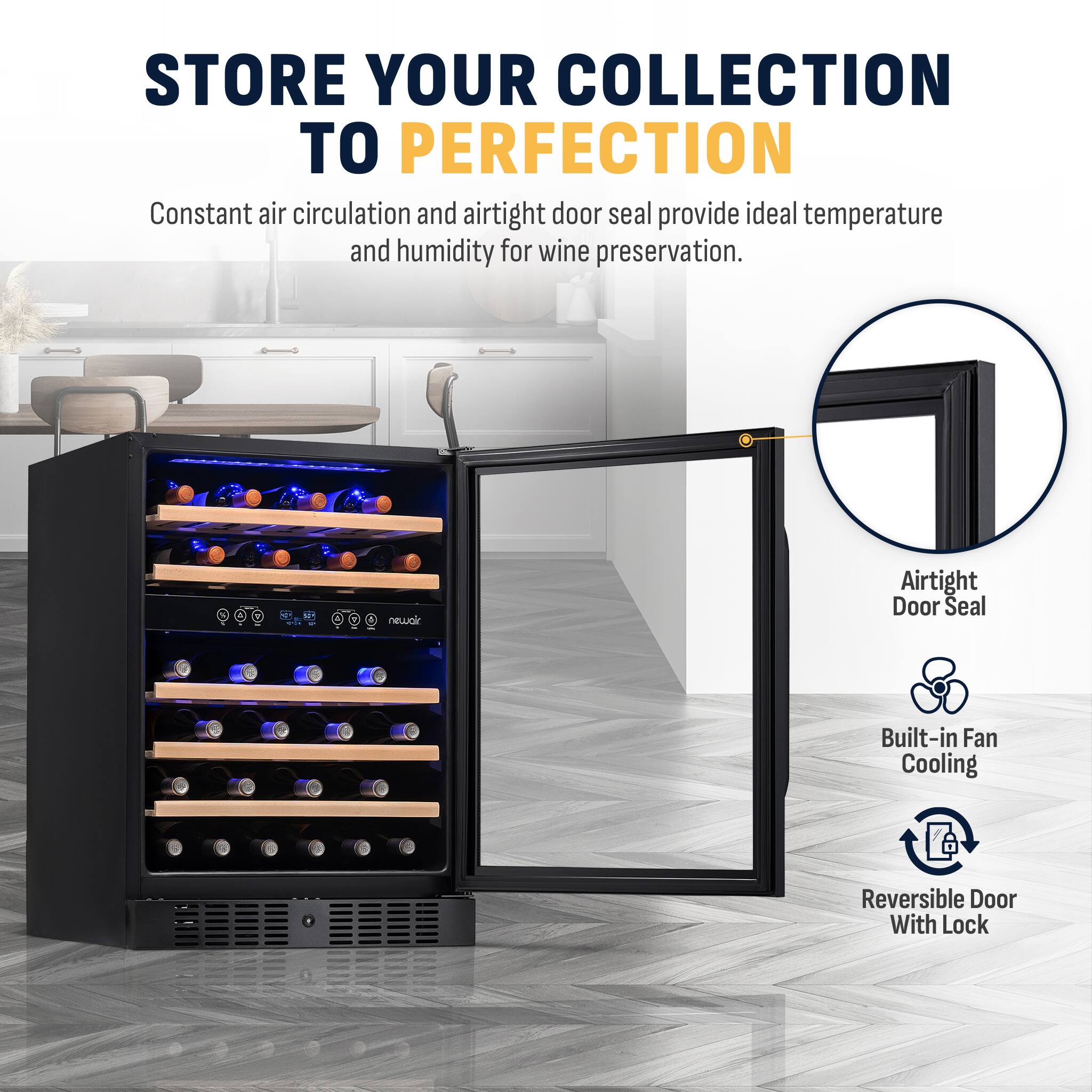 Store your collection to perfection with a wine refrigerator that offers constant air circulation and airtight door seal for ideal temperature and humidity for wine preservation. The refrigerator also features a built-in fan for cooling and a reversible door with a lock for added security.