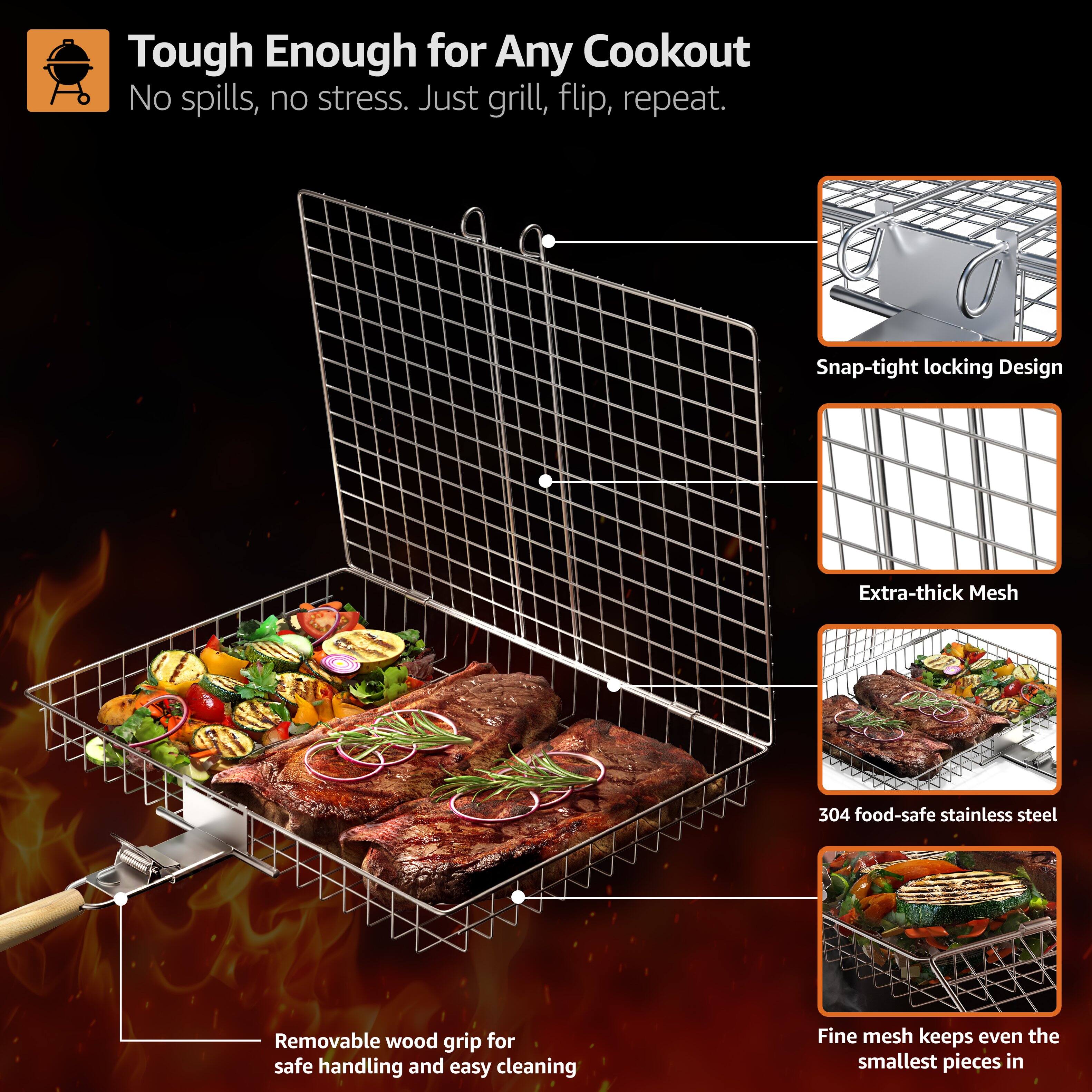 Tough Enough for Any Cookout  
No spills, no stress. Just grill, flip, repeat.

- Snap-tight locking Design
- Extra-thick Mesh
- 304 food-safe stainless steel
- Fine mesh keeps even the smallest pieces in
- Removable wood grip for safe handling and easy cleaning