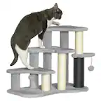 Front. Pawhut - 20" Pet Stairs for Cats, 2 in 1 3-Step Cat Tree Tower with Scratching Posts, Tickling Post, Toy Balls, for High Beds - Light Gray.