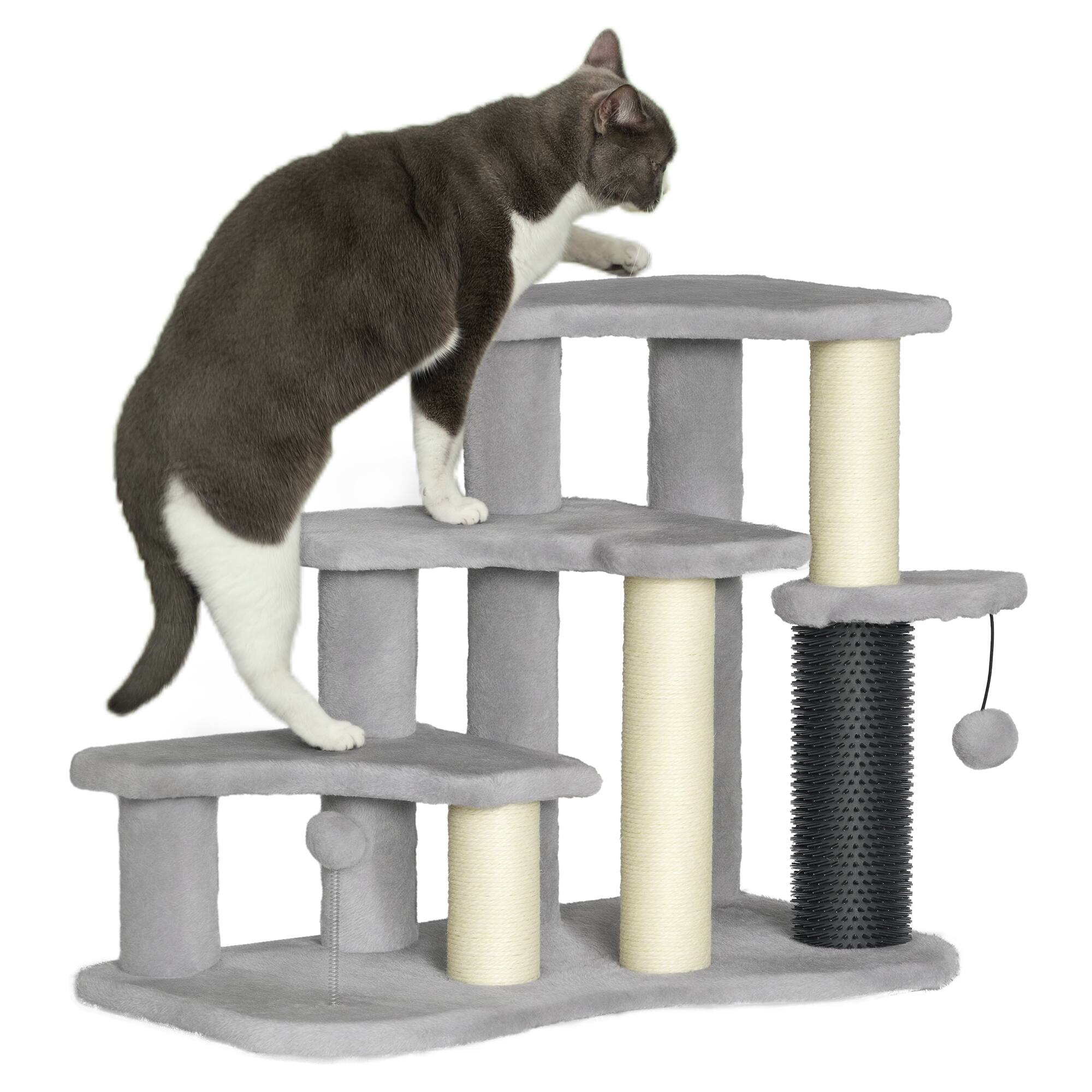 Front. Pawhut - 20" Pet Stairs for Cats, 2 in 1 3-Step Cat Tree Tower with Scratching Posts, Tickling Post, Toy Balls, for High Beds - Light Gray.