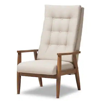 Front. Baxton Studio - Roxy Mid-Century Modern Walnut Finish Wood and Fabric Upholstered Button-Tufted High-Back Chair - Light Beige/"Walnut" Brown.