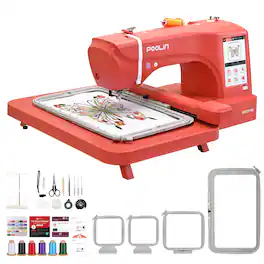 Poolin - EOC07-RE 15x7.9" Huge Area Computerized Embroidery Machine 7" Touch Screen with Wifi & Starter Kit for Business - Red