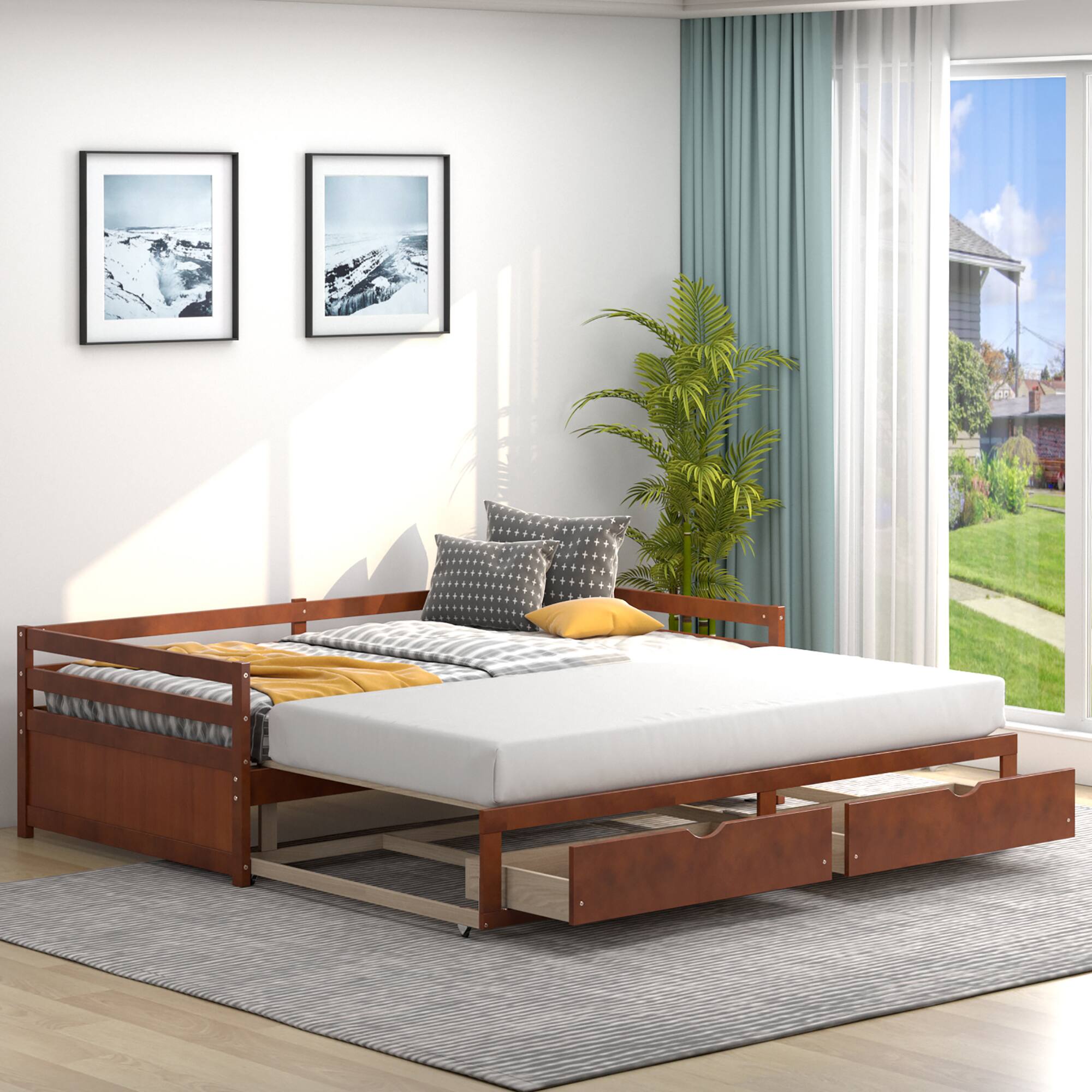 Left. Costway - Costway Twin to King Daybed with  2 Drawers Wooden Sofa Bed for Bedroom Living Room Cherry - Cherry.