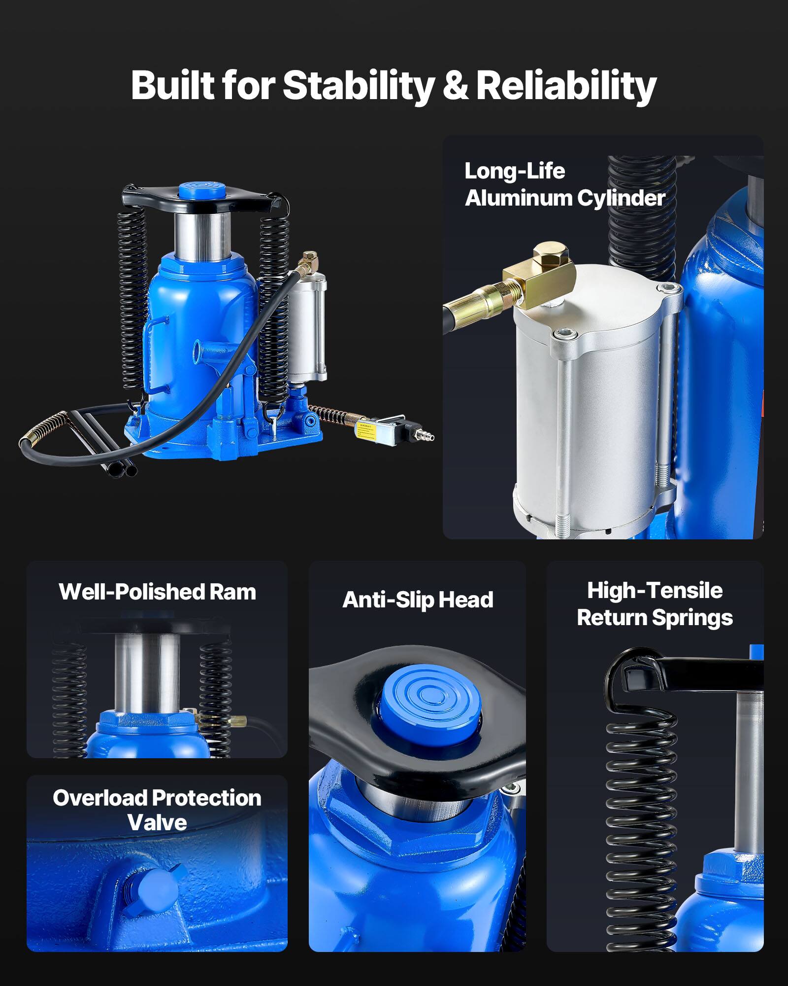 Built for Stability & Reliability

- Long-Life Aluminum Cylinder
- Well-Polished Ram
- Anti-Slip Head
- High-Tensile Return Springs
- Overload Protection Valve