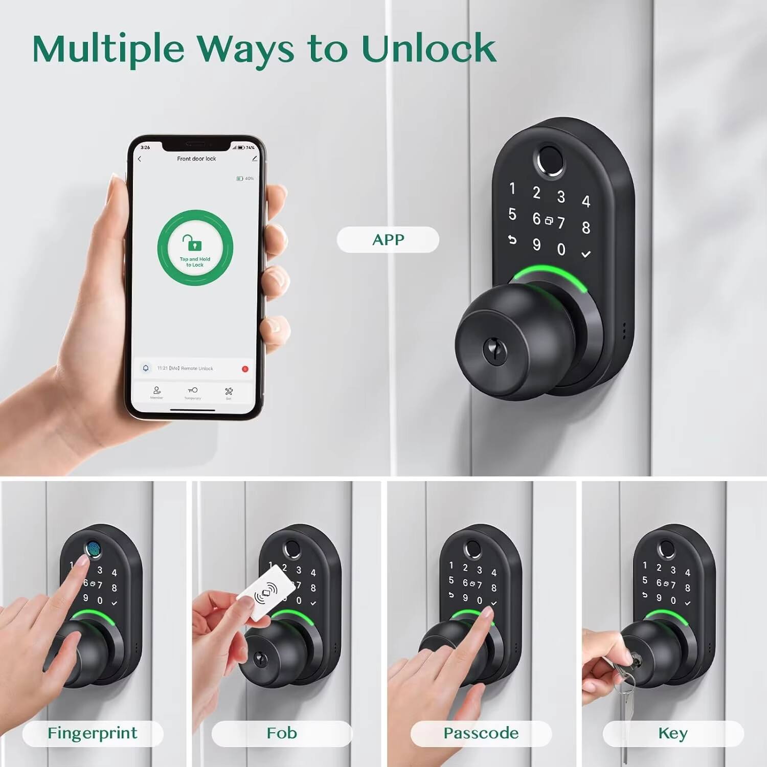 Multiple Ways to Unlock

- APP
- Fingerprint
- Fob
- Passcode
- Key