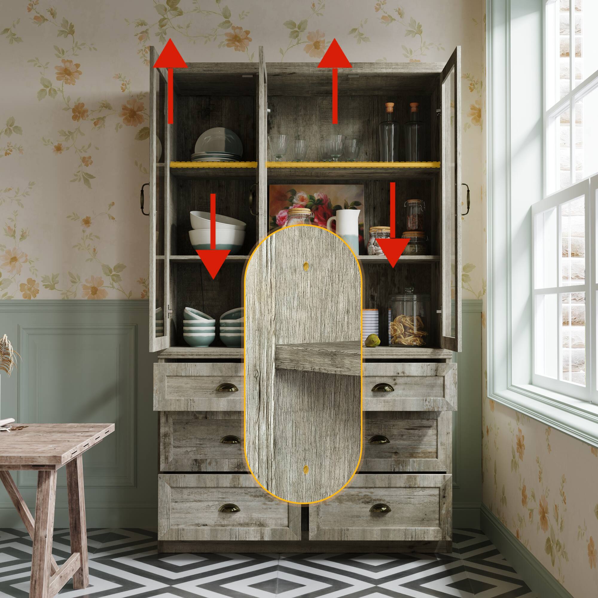 Alt View 8. FUFU & GAGA - Vintage Distressed Glass Display Cabinet with Bronze Shell Handles and Tempered Glass for Living Room or Study - Gray.