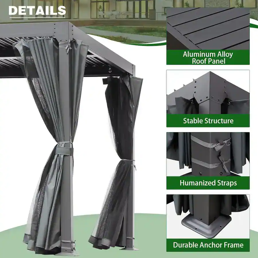 U HOMY 10'x20' Aluminum Pergola with Adjustable Rainproof Louver Roof ...